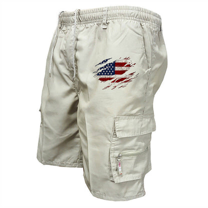 Men’s Graphic Cargo Shorts – Elasticated Drawstring Waist with Utility Pockets and American Flag Detail for Summer Wear