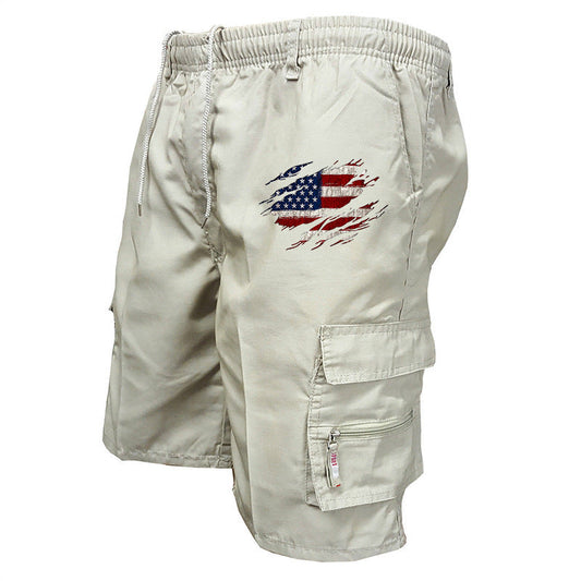 Men’s Graphic Cargo Shorts – Elasticated Drawstring Waist with Utility Pockets and American Flag Detail for Summer Wear