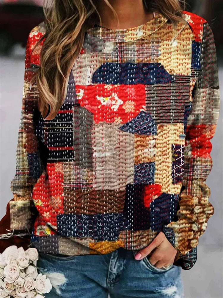 Women’s Patchwork Knit Sweater – Textured Crew-Neck Pullover for Cosy Seasonal Styling