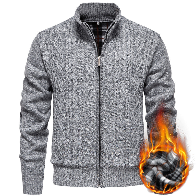 Men’s Zip-Through Knitted Jacket – Cable Pattern with Stand Collar
