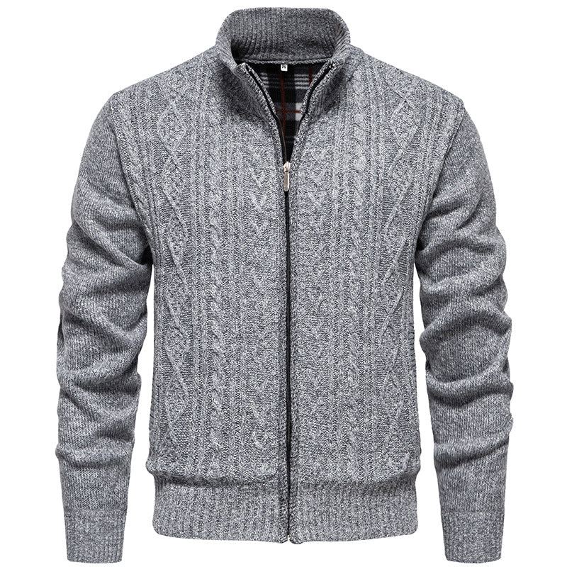 Men’s Zip-Through Knitted Jacket – Cable Pattern with Stand Collar
