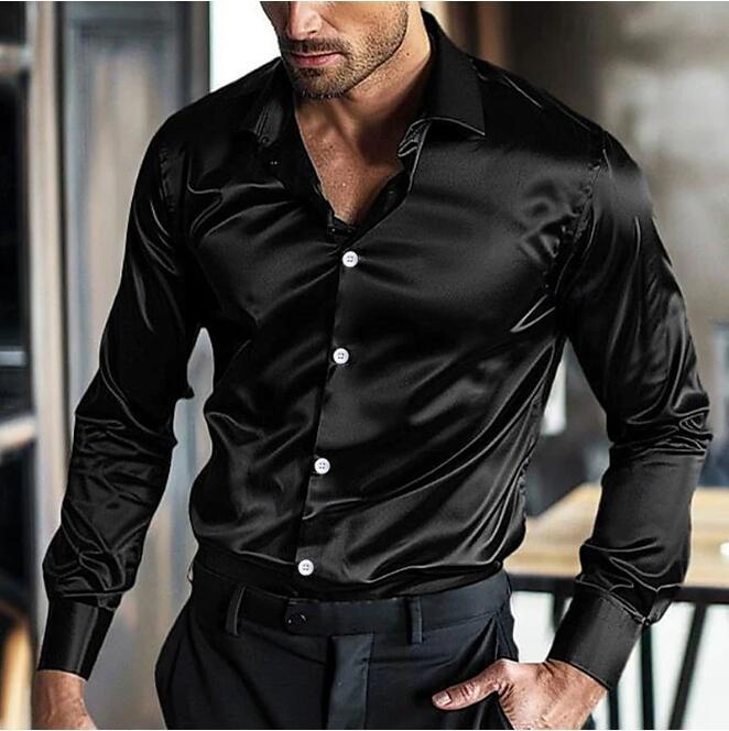 Men’s Satin Button-Up Shirt – Slim-Fit Long-Sleeve Dress Shirt with Contrast Buttons for Evening and Formal Wear