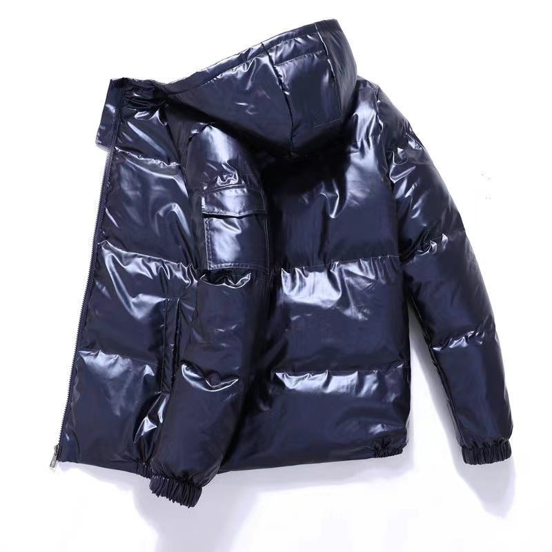 Men’s Hooded Puffer Jacket – Glossy Quilted Finish with Side Pockets