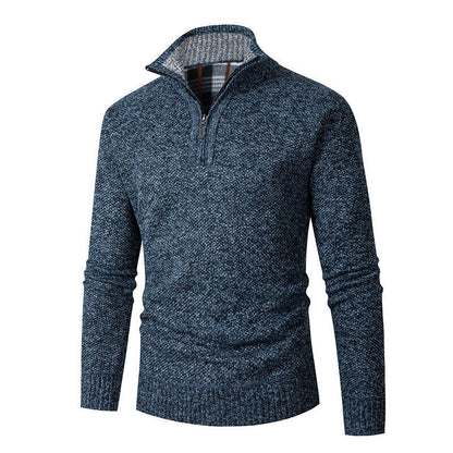 Men’s Half-Zip Knit Jumper – Chunky Marled Yarn with Checked Collar