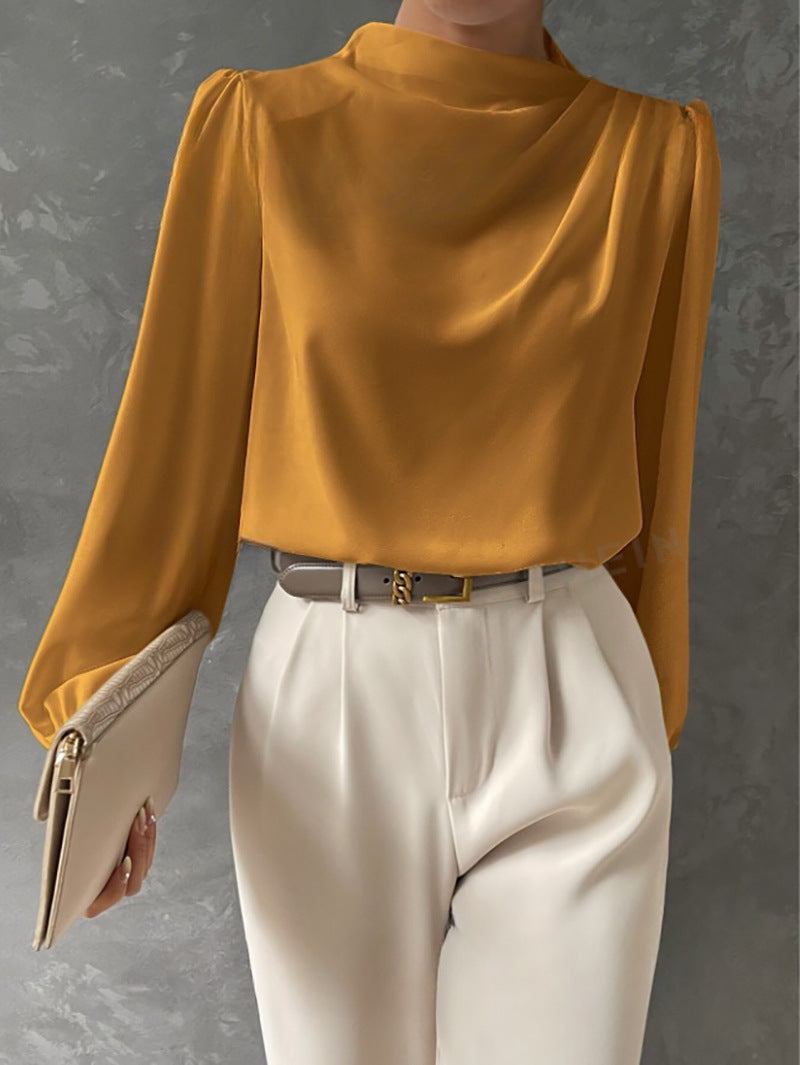 Women’s Draped Neck Long-Sleeve Blouse – Refined Relaxed Top for Office and Smart Casual Wear