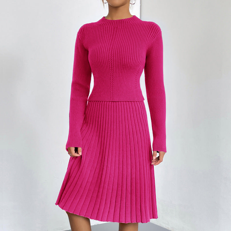Women’s Pleated Knit Two-Piece Set – Ribbed Crew-Neck Jumper and A-Line Skirt for Smart Casual Wear