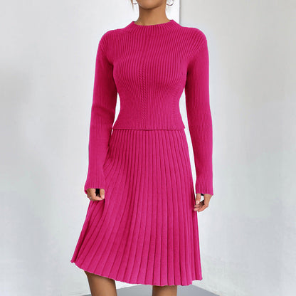 Women’s Pleated Knit Two-Piece Set – Ribbed Crew-Neck Jumper and A-Line Skirt for Smart Casual Wear