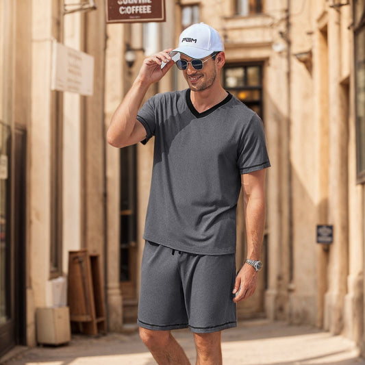 Men’s V-Neck Two-Piece Sports Set – Relaxed Short-Sleeve Top with Matching Training Shorts