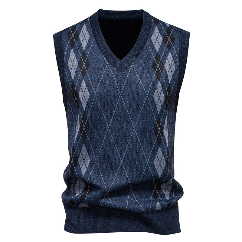 Men’s Knitted Sleeveless Vest – Argyle Diamond Pattern with V-Neck