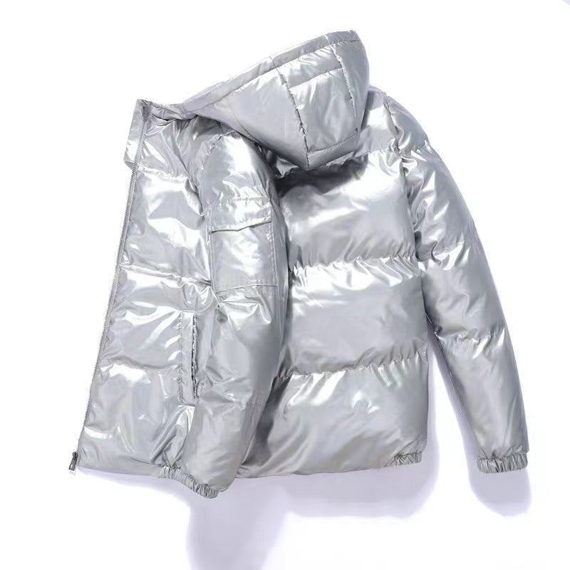 Men’s Hooded Puffer Jacket – Glossy Quilted Finish with Side Pockets