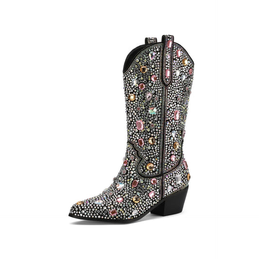 Women’s Rhinestone Cowboy Boots – Pointed-Toe Western Boots with Block Heel for Statement Evening Wear