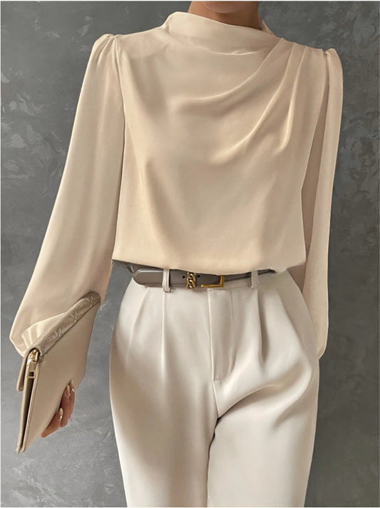 Women’s Draped Neck Long-Sleeve Blouse – Refined Relaxed Top for Office and Smart Casual Wear