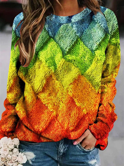 Women’s Patchwork Knit Sweater – Textured Crew-Neck Pullover for Cosy Seasonal Styling