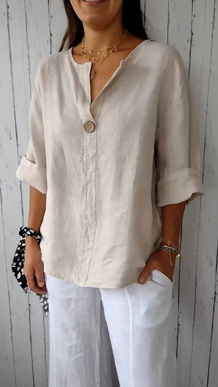 Women’s Relaxed Linen Blouse – Breathable Roll-Up Sleeve Style for Warm Days