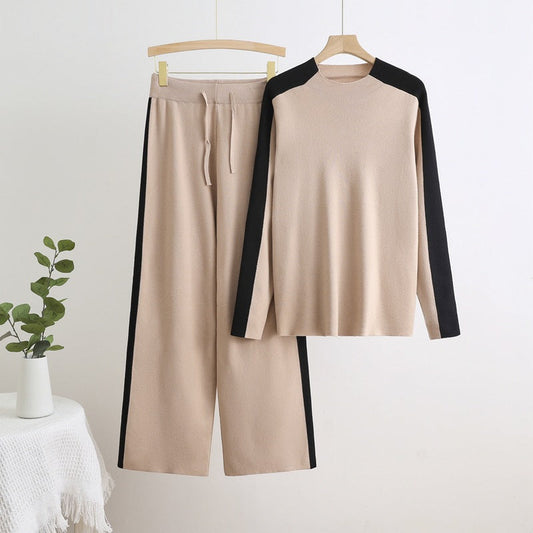 Women’s Viscose Knit Trouser Set – Long-Sleeve Top with High-Waist Drawstring Wide-Leg Trousers