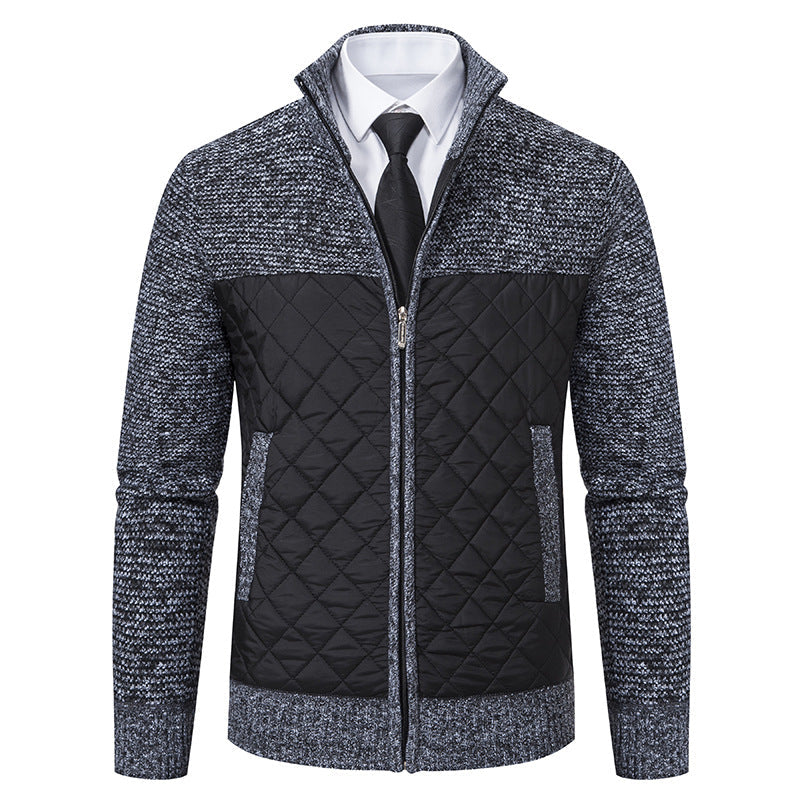 Men’s Knitted Hybrid Jacket – Diamond-Quilted Front with Stand Collar
