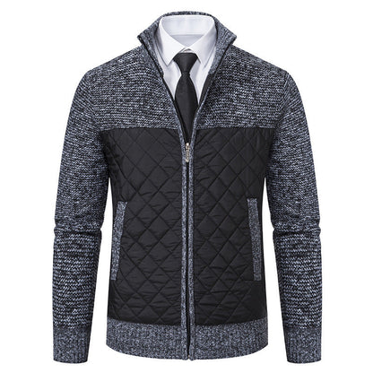 Men’s Knitted Hybrid Jacket – Diamond-Quilted Front with Stand Collar