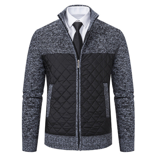 Men’s Knitted Hybrid Jacket – Diamond-Quilted Front with Stand Collar