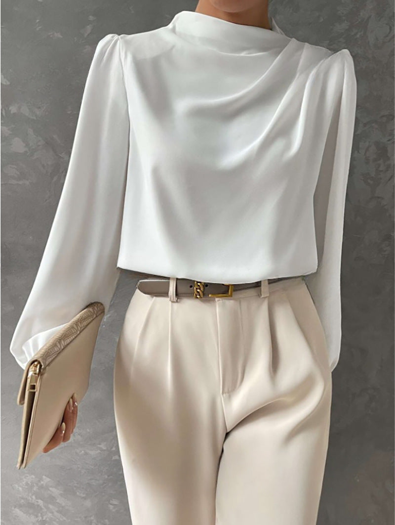 Women’s Draped Neck Long-Sleeve Blouse – Refined Relaxed Top for Office and Smart Casual Wear