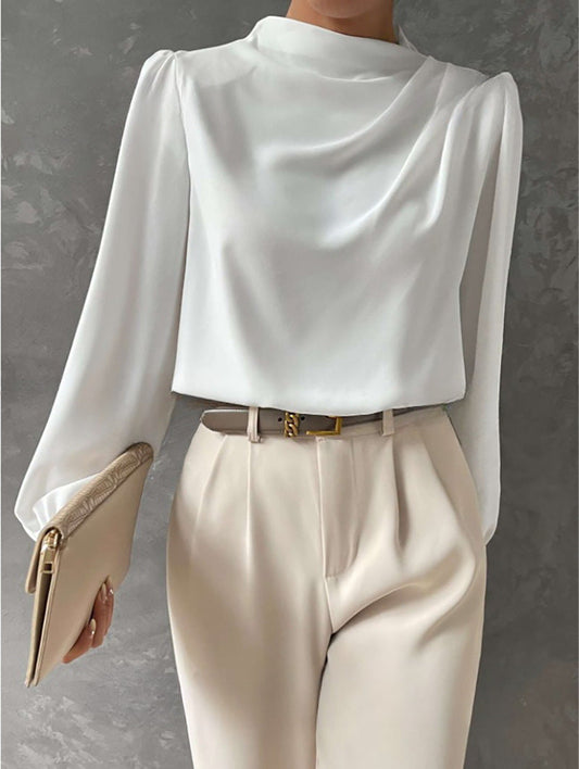 Women’s Draped Neck Long-Sleeve Blouse – Refined Relaxed Top for Office and Smart Casual Wear