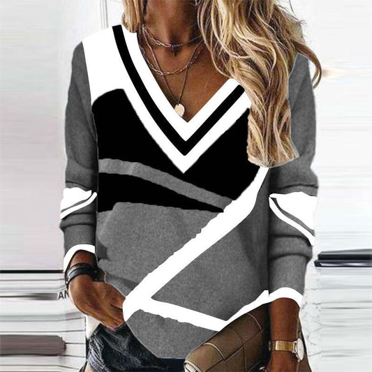 Women’s Printed V-Neck Long-Sleeve Top – Relaxed Everyday Style for Cooler Days