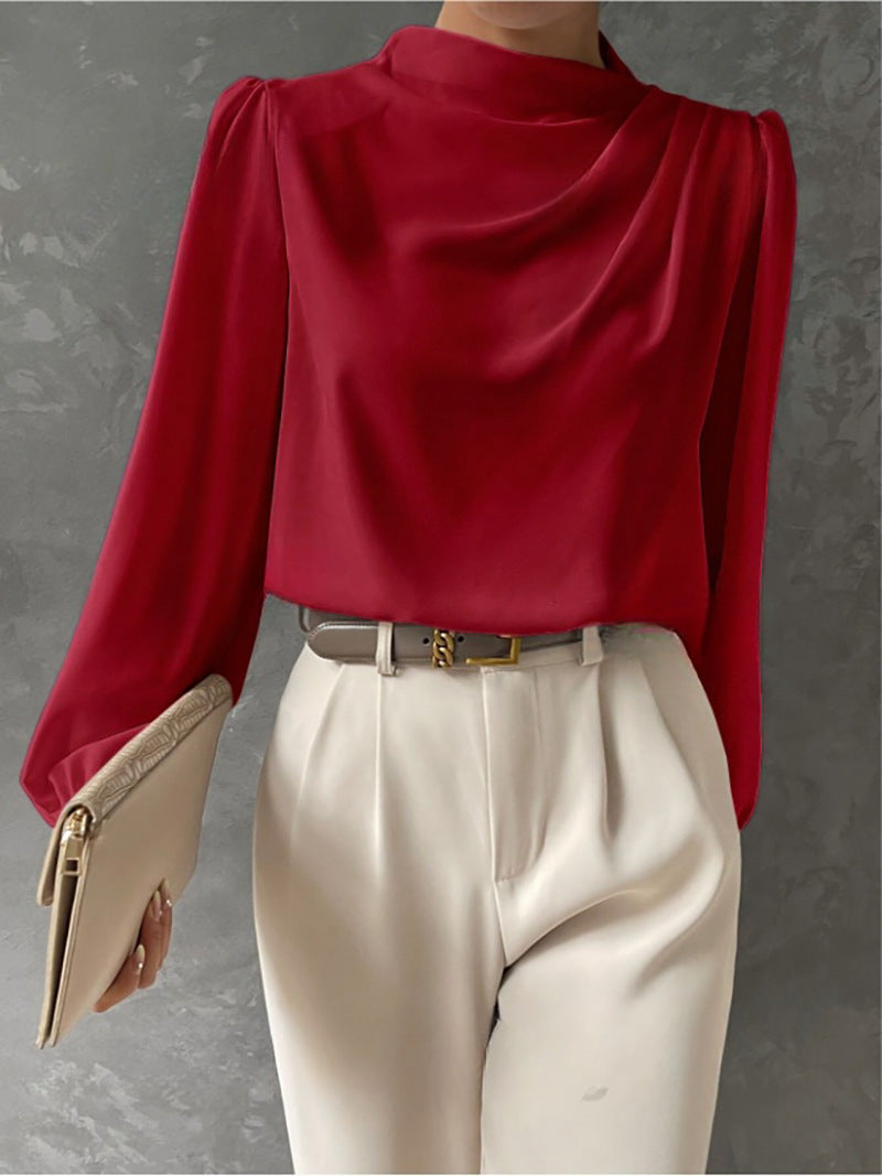 Women’s Draped Neck Long-Sleeve Blouse – Refined Relaxed Top for Office and Smart Casual Wear