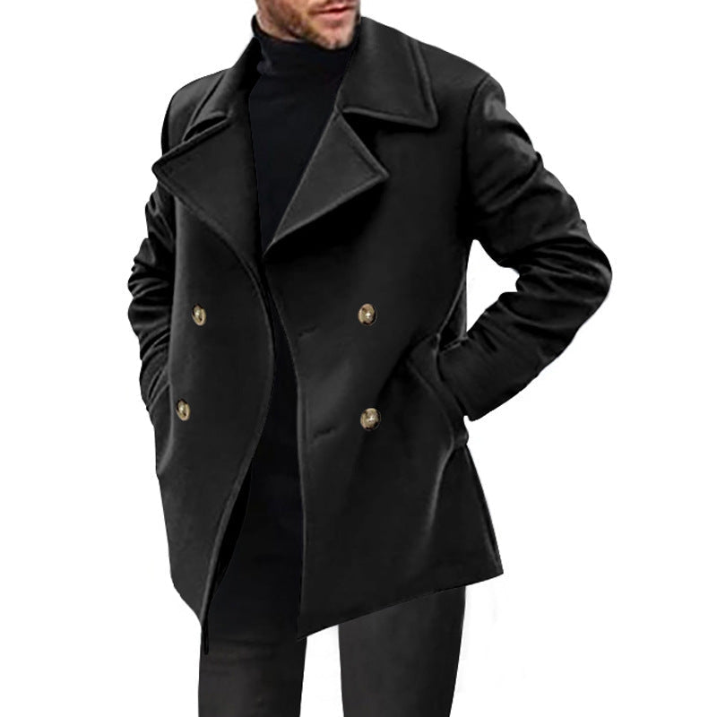 Men’s Double-Breasted Short Coat – Wide Lapels with Flap Pockets