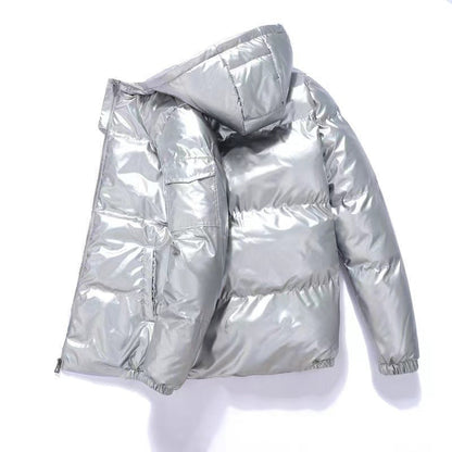 Men’s Hooded Puffer Jacket – Glossy Quilted Finish with Side Pockets