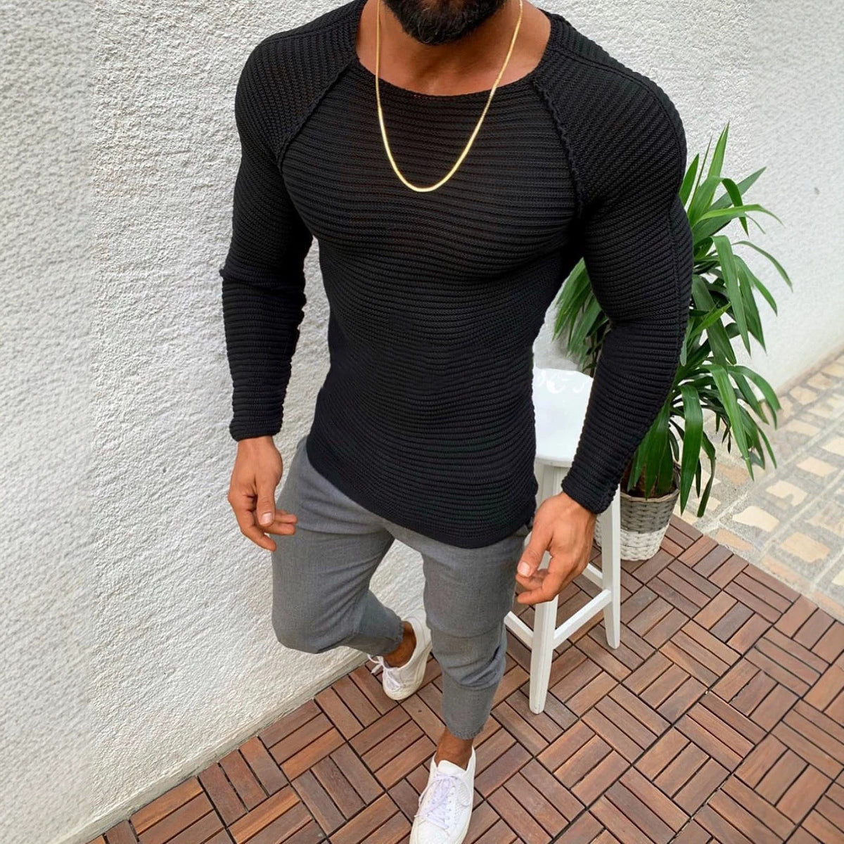 Men’s Knit Jumper – Raglan Sleeves with Ribbed Texture