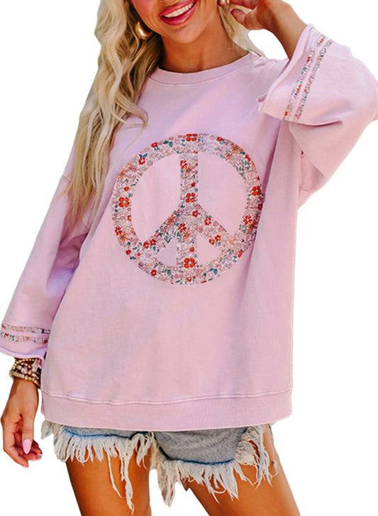 Women’s Floral Peace Graphic Sweatshirt – Relaxed Statement Pullover with Wide Sleeves