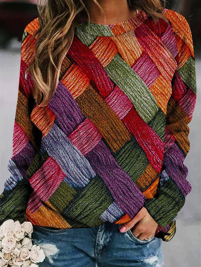 Women’s Patchwork Knit Sweater – Textured Crew-Neck Pullover for Cosy Seasonal Styling