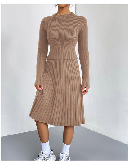 Women’s Pleated Knit Two-Piece Set – Ribbed Crew-Neck Jumper and A-Line Skirt for Smart Casual Wear