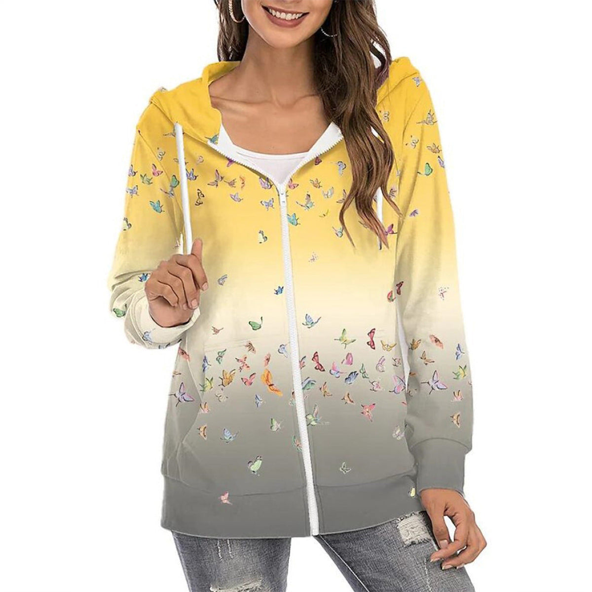Women’s Butterfly Print Zip-Up Hoodie – Lightweight Casual Layer with Gradient Design