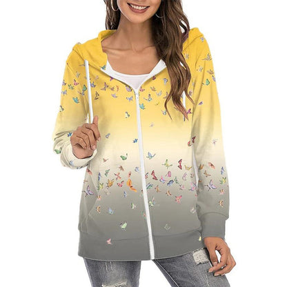Women’s Butterfly Print Zip-Up Hoodie – Lightweight Casual Layer with Gradient Design