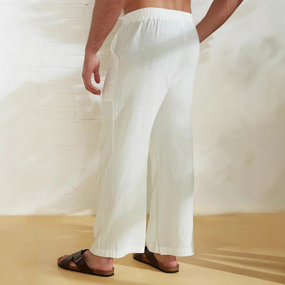 Men’s Relaxed Linen Trousers – Wide-Leg Drawstring Pants with Utility Pockets and Palm Tree Detail for Summer Wear