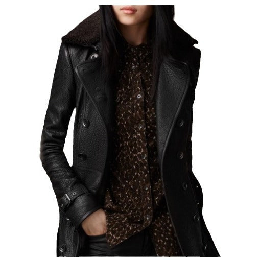 Women’s Black Coat – Double-Breasted with Teddy Collar and Waist Belt
