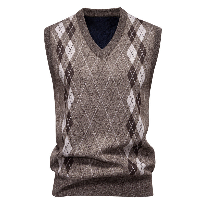 Men’s Knitted Sleeveless Vest – Argyle Diamond Pattern with V-Neck
