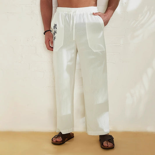 Men’s Relaxed Linen Trousers – Wide-Leg Drawstring Pants with Utility Pockets and Palm Tree Detail for Summer Wear