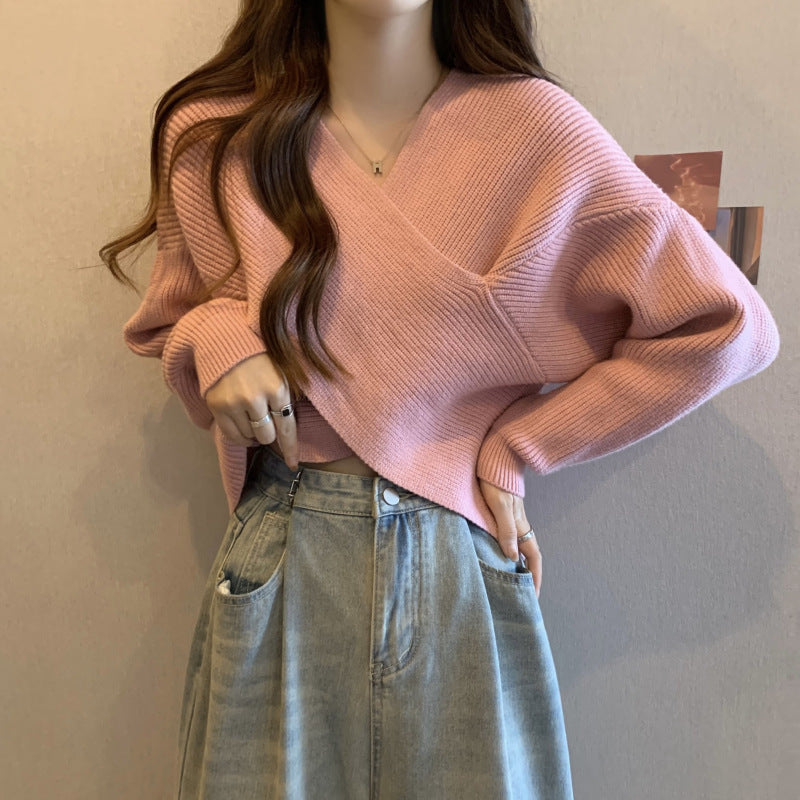 Women’s Wrap-Front V-Neck Knit Sweater – Cropped Relaxed Pullover for Feminine Everyday Styling