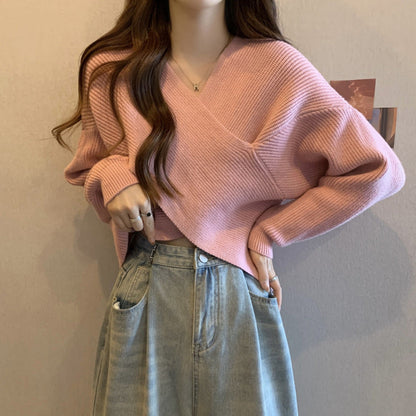 Women’s Wrap-Front V-Neck Knit Sweater – Cropped Relaxed Pullover for Feminine Everyday Styling