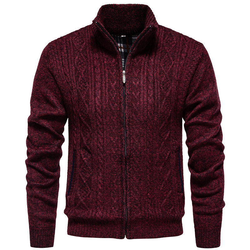Men’s Zip-Through Knitted Jacket – Cable Pattern with Stand Collar