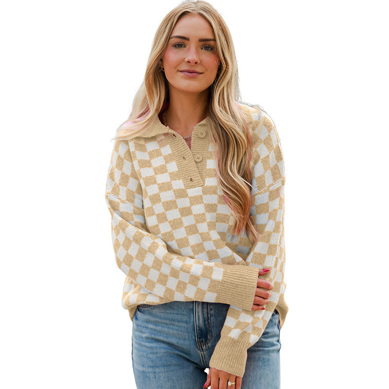 Women’s Checkerboard Collared Knit Sweater – Relaxed Button-Neck Pullover for Casual Layering