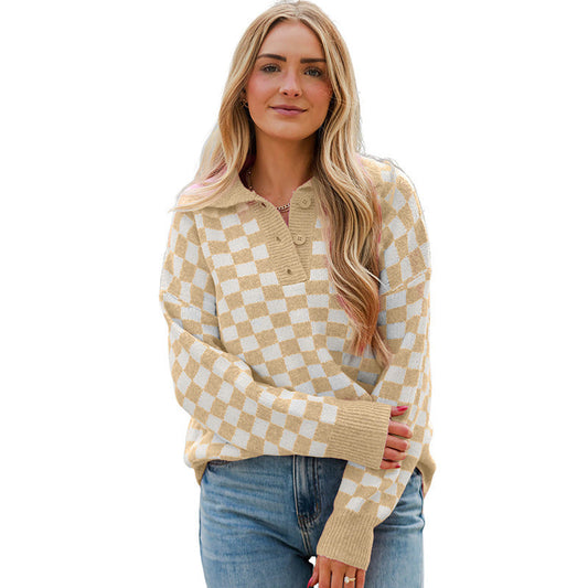 Women’s Checkerboard Collared Knit Sweater – Relaxed Button-Neck Pullover for Casual Layering