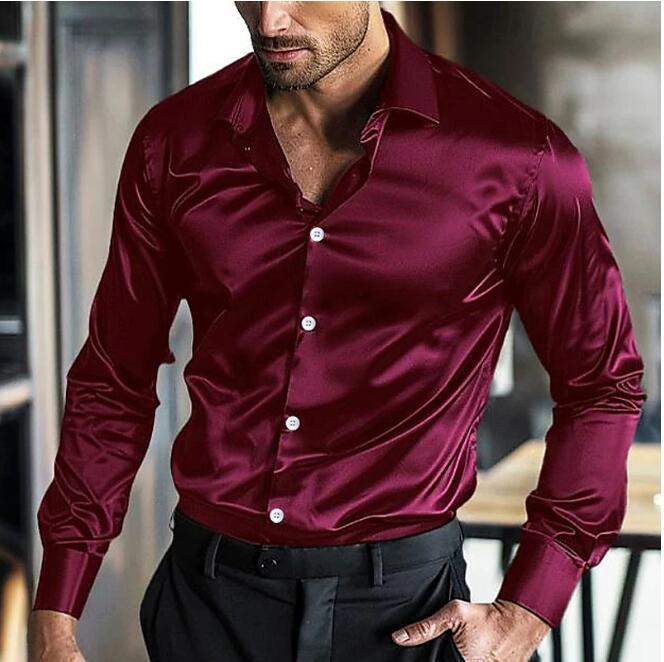 Men’s Satin Button-Up Shirt – Slim-Fit Long-Sleeve Dress Shirt with Contrast Buttons for Evening and Formal Wear