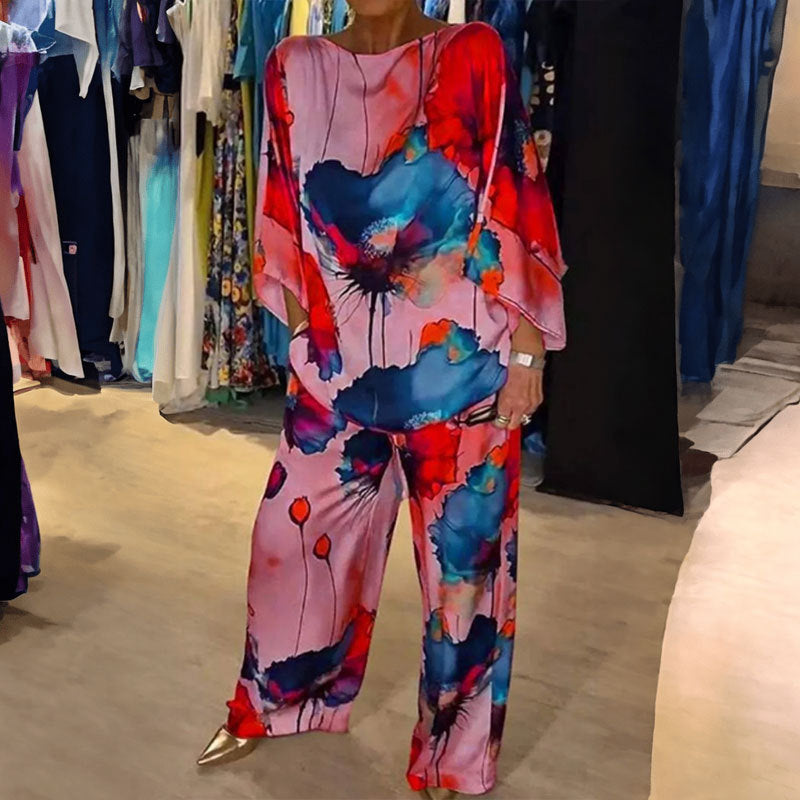 Women’s Artistic Print Co-Ord Set – Flowing Wide-Sleeve Top and Relaxed Trousers