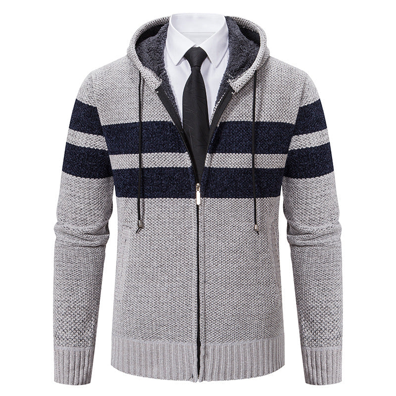 Men’s Zip Hoodie – Marled Knit with Chest Stripes and Concealed Zip