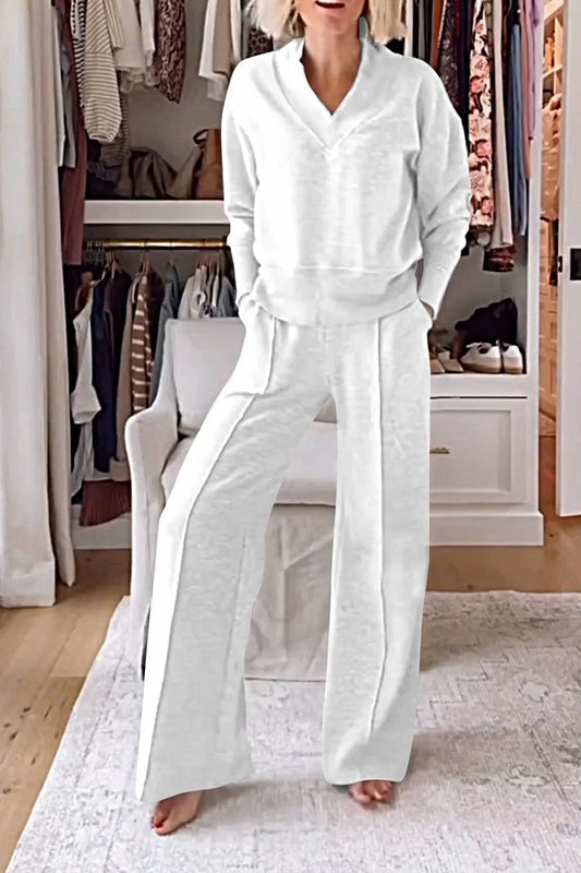 Women’s Relaxed V-Neck Matching Set – Long-Sleeve Pullover with Flowing Wide-Leg Trousers for Daily Wear