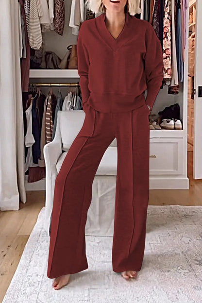 Women’s Relaxed V-Neck Matching Set – Long-Sleeve Pullover with Flowing Wide-Leg Trousers for Daily Wear