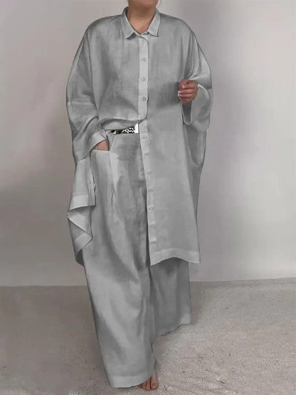 Women’s Asymmetric Shirt Trouser Set – Oversized Button-Front Top with Wide-Leg Pocket Trousers for Casual Wear