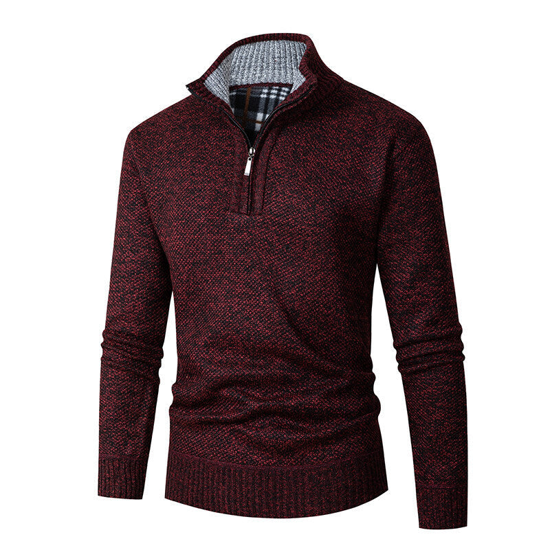 Men’s Half-Zip Knit Jumper – Chunky Marled Yarn with Checked Collar